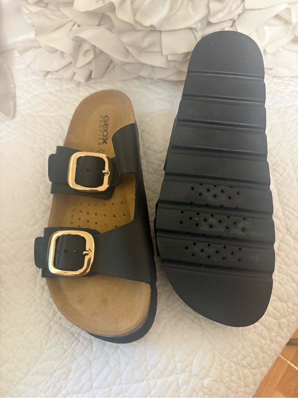 Geox Black Slide Sandals with Gold Buckles